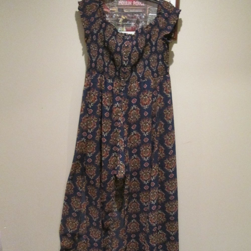 Blue Paisley Boho Festival Maxi Dress with Attached Shorts Smocked Top